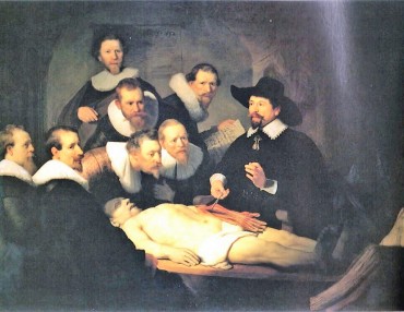 レンブラントの「トゥルプ博士の解剖学講義」最前列左３人目の観察者（医師）の視線が素晴らしいです 他の医師の視線はバラバラで解剖中の腕を視ていません 画家（レンブラント）を見ていますか？