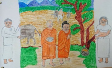 令和6年2024年のスリランカ ミヒンタレー市の奨学生からの絵 釈尊のお顔が丁寧に書かれています 書き直したあとがあります