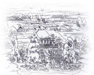 江戸時代の福性寺の想像図 江戸時代からの本堂は関東大震災で倒壊 明治36年1903年の絵に隅田川までの水田や樹などを「勝手に（笑）」追加 絵の正確性妥当性は誰も知りません　