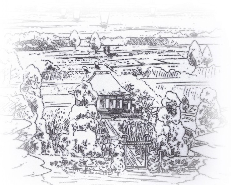 江戸時代の福性寺の想像図 江戸時代からの本堂は関東大震災で倒壊 明治36年1903年の絵に隅田川までの水田や樹などを「勝手に（笑）」追加 絵の正確性妥当性は誰も知りません　
