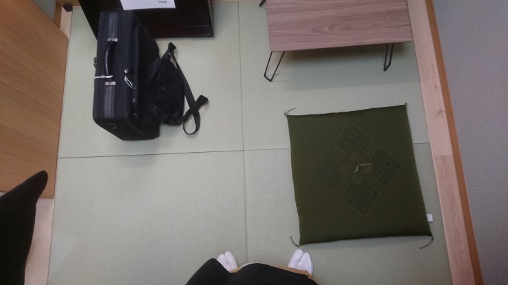 控室にて 壁に背をつけて撮影 左下の黒い三角は左袖 下の小さな白二つは足先です