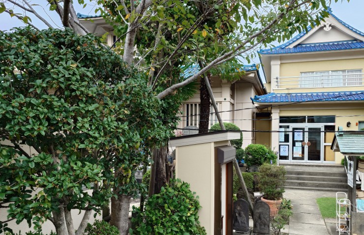 水屋近くの金木犀(左) 背景は本堂と客殿 中央は給湯所(お墓の清掃後には温かいお湯で手を洗ってお帰り下さい)右に水屋