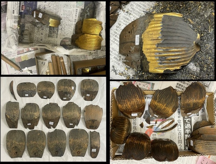蓮弁を全て蓮肉からはずし漆と金箔ををはがします(上左右 下左) 最後に洗います(下右)